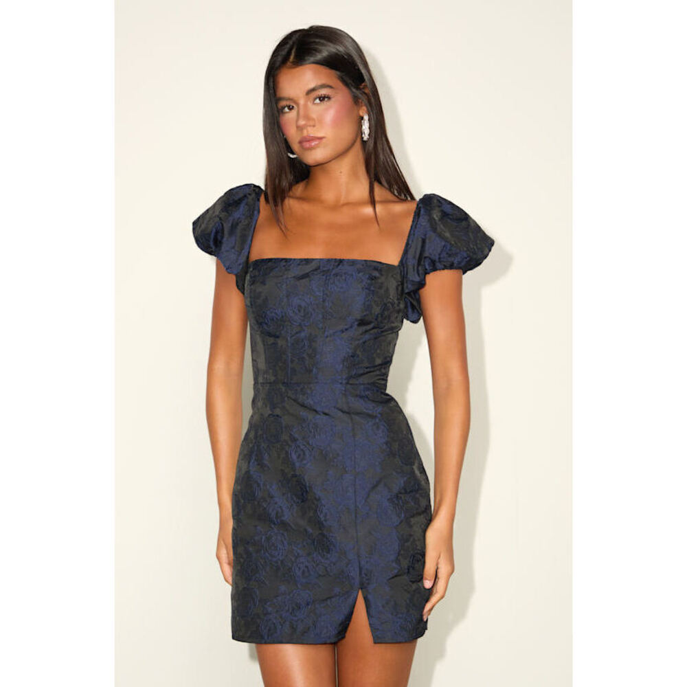 Lulus Momentous Cuteness Navy Jacquard Off-the-shoulder Mini Dress Blue - Size S